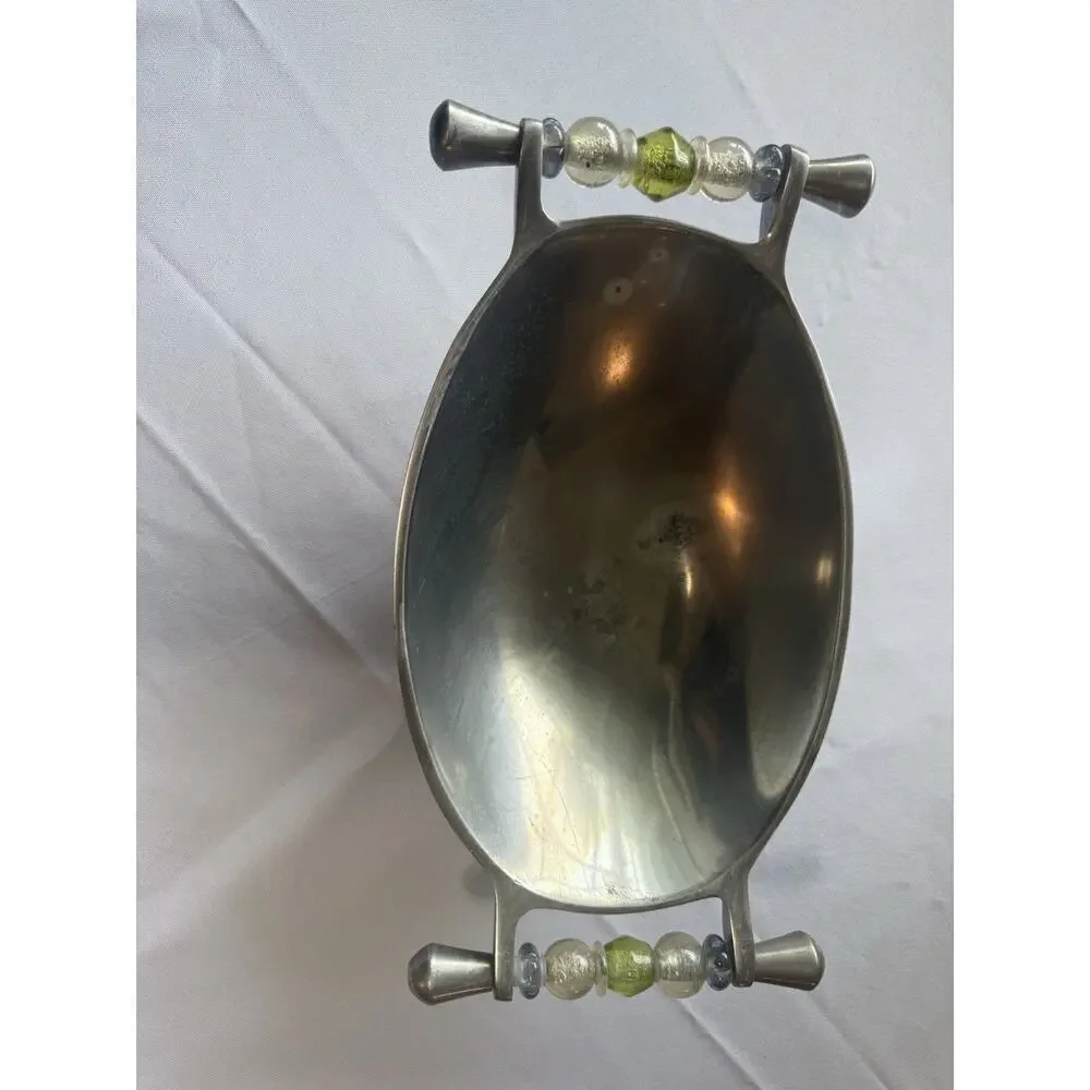 Metal Serving Trinket Bowl W/ Boho Bead Handles 12.5